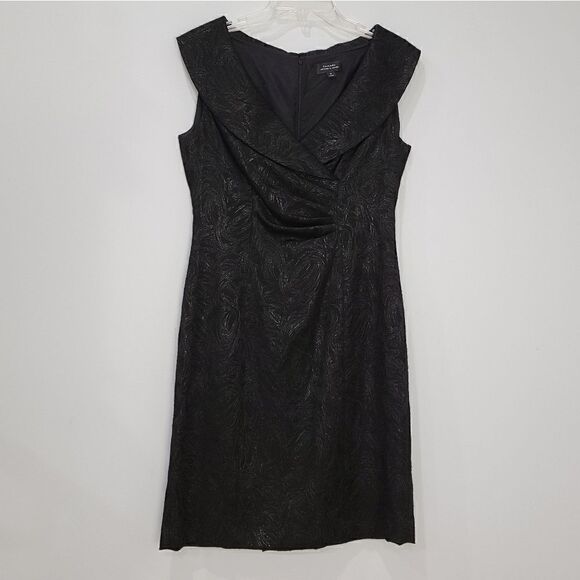 Tahari-Black Shiny PORTRAIT COLLAR Jacquard SHEATH DRESS Party Cocktail Woman 6 - Picture 5 of 16